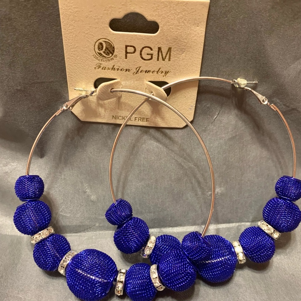 Navy Blue Beaded Hoop Earrings